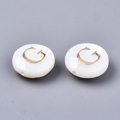 Letter G Natural Freshwater Shell Beads, with Golden Plated Brass Etched Metal Embellishments, Flat Round, Seashell Color, Letter.G, 8x3~5mm, Hole: 0.5~07mm