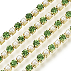 Peridot Brass Rhinestone Strass Chains, with ABS Plastic Imitation Pearl, Rhinestone Cup Chain, Grade A, Raw(Unplated), Peridot, 2x2mm, 4000pcs rhinestone/bundle, about 32.8 Feet(10m)/bundle