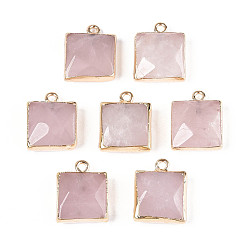 Розовый Кварц Ограненные подвески из натурального розового кварца, квадратные латунные подвески, золотые, 18x14~15x6~6.5 мм, отверстие : 1.8 мм