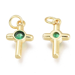 Green Brass Micro Pave Cubic Zirconia Tiny Cross Charms, with Jump Rings, Golden, Green, 12.5x7.5x2.5mm, Hole: 1.5mm, Jump rings: 3.5x0.8mm