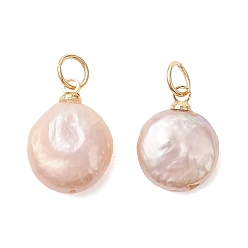 Золотой Подвески из натурального барочного жемчуга кеши, плоские круглые подвески из жемчужин с кристаллами, с фурнитурой из латуни и нержавеющей стали., розовые, золотые, 304 мм, Перейти кольцо: 14~15.5x11~12.5x5~6 мм, внутренний диаметр: 5x0.8 мм