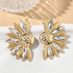 Golden 304 Stainless Steel Enamel Stud Earrings for Women, with Glass, Flower, Golden, 46.5x30.5mm