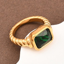 Настоящее золото 18K 304 палец кольца из нержавеющей стали, прямоугольные, со стеклом, ионное покрытие (ip), ручная полировка, реальный 18 k позолоченный, 11 мм, размер США 6 (16.5 мм)