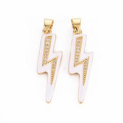 White Brass Micro Pave Clear Cubic Zirconia Pendants, with Enamel, Nickel Free, Real 16K Gold Plated, Lightning, White, 29x8.5x2.5mm, Hole: 3x4mm