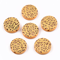 Orange Painted Natural Wood Beads, Laser Engraved Pattern, Flat Round with Leopard Print, Orange, 15x4.5mm, Hole: 1.5mm