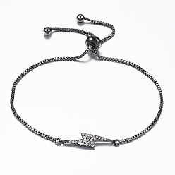 Gunmetal Adjustable Brass Micro Pave Cubic Zirconia Flash Slider Bracelets, Bolo Bracelets, Lightning Bolt, Gunmetal, 10-1/4 inch(260mm), 1.2mm