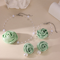 Бледно-Зеленый Комплект из ожерелья с подвеской из розовой ткани и пластиковых жемчужных бусин, сережек-гвоздиков и браслетов с подвесками, платина, бледно-зеленый, 360 мм