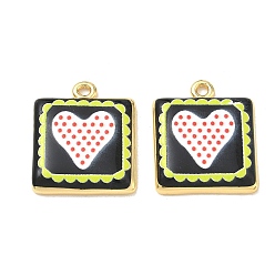 Black Printed Brass Pendants, Square & Heart Charms, Rack Plating, Long-Lasting Plated, Lead Free & Cadmium Free, Real 18K Gold Plated, Black, 22x18.5x3.5mm, Hole: 2mm