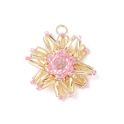 Pink Seed Beads Beaded Charms, Flower, Pink, 24x22x6mm, Hole: 3mm