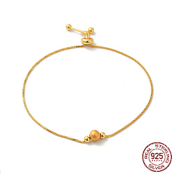 Real 18K Gold Plated 925 Sterling Silver Box Chains Slider Bracelets, with Round Beaded, Real 18K Gold Plated, 9-1/8 inch(23cm)