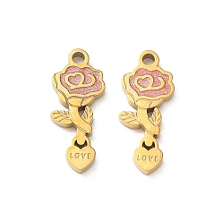 Real 18K Gold Plated Valentine's Day 304 Stainless Steel Enamel Pendants, Flower with Word Love Charms, with Glitter Powder, Real 18K Gold Plated, 15x6x1.5mm, Hole: 1.2mm
