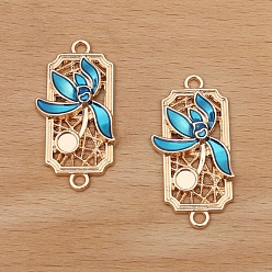 Deep Sky Blue Alloy Enamel Pendant Cabochons Setting, Rectangle with Flower, Deep Sky Blue, Tray: 4mm, 35x18mm, 50pcs/set