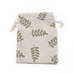 Teal Polycotton(Polyester Cotton) Packing Pouches Drawstring Bags, with Printed Leaf, Teal, 18x13cm