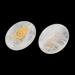 Quartz Crystal Natural Quartz Crystal Pendants, Rock Crystal Flat Oval Healing Stone Charms with Engraved Gold Hamsa Hand Pattern, 45x35~35.5x7~8mm, Hole: 2.5mm