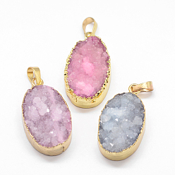 Mixed Color Electroplated Natural & Dyed Druzy Agate Pendants, with Golden Plated Brass Findings, Oval, Mixed Color, 33x18x9mm, Hole: 8x5mm