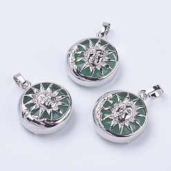 Зеленый Авантюрин Естественный зеленый авантюрин подвески, с латунной фурнитурой , плоские круглые с солнцем, платина, 28x24x9~10 мм, отверстие : 5x7 мм