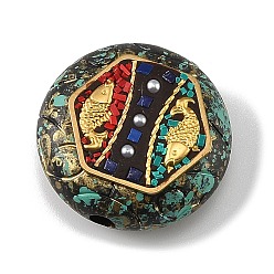 Fish Handmade Polymer Clay Indonesia Beads, with Synthetic Turquoise & Resin & Unplated Brass, Colorful, Flat Round with Fish, 32.5x16.5mm, Hole: 4.5mm