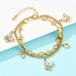 Настоящее золото 18K 304 из нержавеющей стали браслеты многожильных, браслеты со стеклянными подвесками для женщин, Сердце и бабочка, ионное покрытие (ip), реальный 18 k позолоченный, 6-5/8 дюйм (16.7 см)