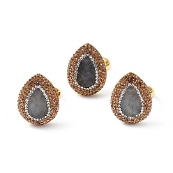 Labradorite Natural Labradorite Teardrop Adjustable Ring with Rhinestone, Rack Plating Brass Wide Ring for Women, US Size 7 1/4(17.5mm)