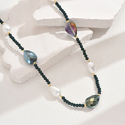 чирок Модные винтажные каплевидные искусственные жемчужины и стеклянные бусины женские длинные ожерелья, зелено-синие