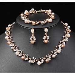 Золотой Ожерелья, браслеты и серьги-гвоздики из сплава, хрустальных страз и пластиковых жемчужин в форме листьев, золотые, 400 мм