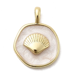 Белый Латунь эмаль подвески, плоский круглый в форме ракушки, стойки покрытие, долговечный, без кадмия и без свинца, реальный 18 k позолоченный, белые, 18x14x3 мм, отверстие : 3x2 мм