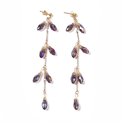 Purple (Jewelry Parties Factory Sale)Electroplate Glass Dangle Earrings, with Brass Post Earring Findings and Bar Link Chains, Teardrop, Purple, 108mm, Pin: 0.6mm