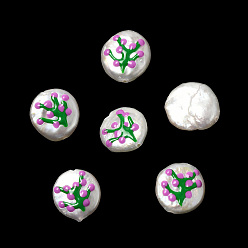 Orchid Baroque Natural Keshi Pearl Beads, Hand Drawn Beads, with Enamel, Freshwater Pearl, Oval, Orchid, 11~14x10.5~12x5~6.5mm, Hole: 0.6mm