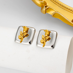 Golden & Stainless Steel Color 304 Stainless Steel Square with Flower Pattern Stud Earrings for Women, Golden & Stainless Steel Color, 24x24mm
