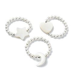 Humo Blanco 3 piezas 3 conjunto de anillos elásticos con cuentas de concha y perlas naturales de estilo, anillos apilables de corazón, luna y estrella, whitesmoke, diámetro interior: 19 mm, 1 pc / estilo