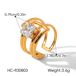 Oro 304 Anillos abiertos tipo brazalete de acero inoxidable con circonitas cúbicas transparentes para mujer, dorado, diámetro interior: 17.8 mm
