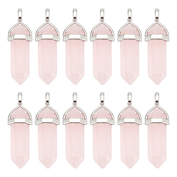 Rose Quartz 12Pcs Natural Rose Quartz Double Terminated Pointed Pendants, with Platinum Random Brass Pendant Hexagon Bead Cap Bails, Bullet, 36x12mm, Hole: 3mm