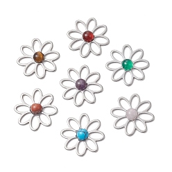Смешанные камни 201 Кабошоны из драгоценных камней в форме цветка из нержавеющей стали, смешанные окрашенные и неокрашенные, платина, 15x15.5x3.5 мм