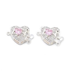 Бледно-Розовый Латунные микро проложить кубического циркония ящик с застежками, со стеклом, сердце, 2 нитей, 4-луночное, серебряные, розовый жемчуг, 14x20x9 мм, отверстие : 1.2~1.4 мм
