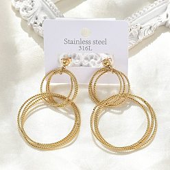 Настоящее золото 18K 304 из нержавеющей стали болтаться серьги, многослойное кольцо, ионное покрытие (ip), реальный 18 k позолоченный, 61x23 мм