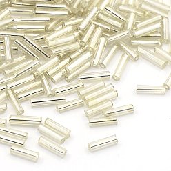 Floral White Glass Bugle Beads, Silver Lined, Floral White, 6~8x1.8mm, Hole: 0.6mm, 10000pcs/pound