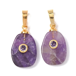 Аметист Подвески из натурального аметиста , Овальные подвески с латунной микрофиброй и отделкой из кубических цирконий, золотые, 20x12x5 мм, отверстие : 7x4 мм