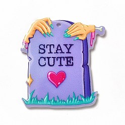 Others Halloween Printed Acrylic Pendants, Tombstone Pattern, 38.5x35x2.3mm, Hole: 1.8mm