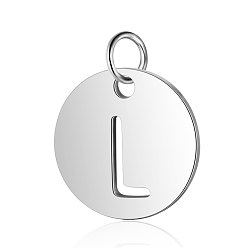 Letter L 304 Stainless Steel Charms, Flat Round with Letter, Stainless Steel Color, Letter.L, 12x1mm, Hole: 2.5mm