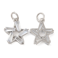 Platinum Rack Plating Brass Pave Clear Cubic Zirconia Pendants, Star Charms, with Jump Ring, Long-Lasting Plated, Lead Free & Cadmium Free, Platinum, 16.5x15x3mm, Hole: 4mm