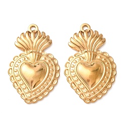 Real 18K Gold Plated 304 Stainless Steel Pendants, Sacred Heart Charms, Ion Plating(IP), Real 18K Gold Plated, 35x21.5x3mm, Hole: 2mm