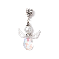 Прозрачный Стеклянные подвески, ангельские прелести, со стеклянной жемчужной бусиной и 304 шовными бусинами из нержавеющей стали и трубчатыми дужками из сплава в тибетском стиле, граненые, прозрачные, 32~33x22~23x8 мм, отверстие : 5 мм