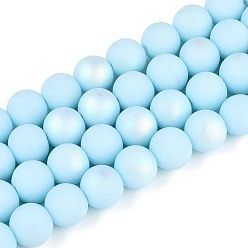Светло-Голубой Матовые непрозрачные стеклянные бусы пряди, круглые, с половиным покрытием, с покрытием AB цвета, Небесно-голубой, 9.5~10 мм, отверстие : 1.2 мм, около 39~41 шт / нитка, 14.57~15.75 дюйм (37~40 см)