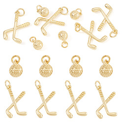 Real 18K Gold Plated 8Pcs 4 Styles Brass Pendants, Hockey & Round Charms, Long-Lasting Plated, Lead Free & Cadmium Free, Rack Plating, Real 18K Gold Plated, 8.5~21x5.5~12.5x2~5.5mm, Jump Ring: 4~5x0.7~0.9mm, Inner Diameter: 2.3~3mm, 4pcs/style