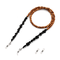 Black Stone Eyeglasses Chains, Neck Strap for Eyeglasses, with Natural Wood Beads, Glass Beads, Chip Synthetic Black Stone Beads, 304 Stainless Steel Lobster Claw Clasps and Rubber Loop Ends, 27.76 inch(70.5cm)