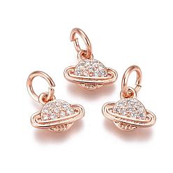 Rose Gold Brass Micro Pave Clear Cubic Zirconia Universe Space Charms, Cadmium Free & Lead Free, Long-Lasting Plated, Planet, Rose Gold, 7x8.5x1.8mm, Hole: 3.5mm