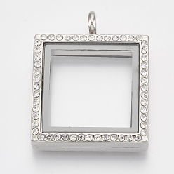 Platinum Alloy Magnetic Locket Pendants, with Rhinestone and Glass, Square, Crystal, Platinum, 36x29x7mm, Hole: 5mm, Inner Measure: 21x21mm