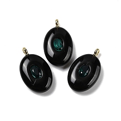 Обсидиан Подвески из натурального обсидиана и кубического циркония, овальные подвески с латунными петлями, золотые, 21.5x13x6.5 мм, отверстие : 1.8 мм