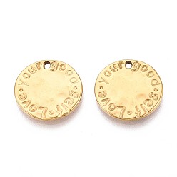 Настоящее золото 18K 304 подвески из нержавеющей стали, плоский круглый с подвеской в виде слова, ионное покрытие (ip), реальный 18 k позолоченный, 18x2 мм, отверстие : 1.4 мм