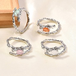 (52) Непрозрачная лаванда Овальные латунные манжеты-кольца кошачий глаз для женщин, без кадмия и без свинца, прочное покрытие, платина, разноцветные, 8.5 мм, размер США 7 1/4 (17.5 мм)